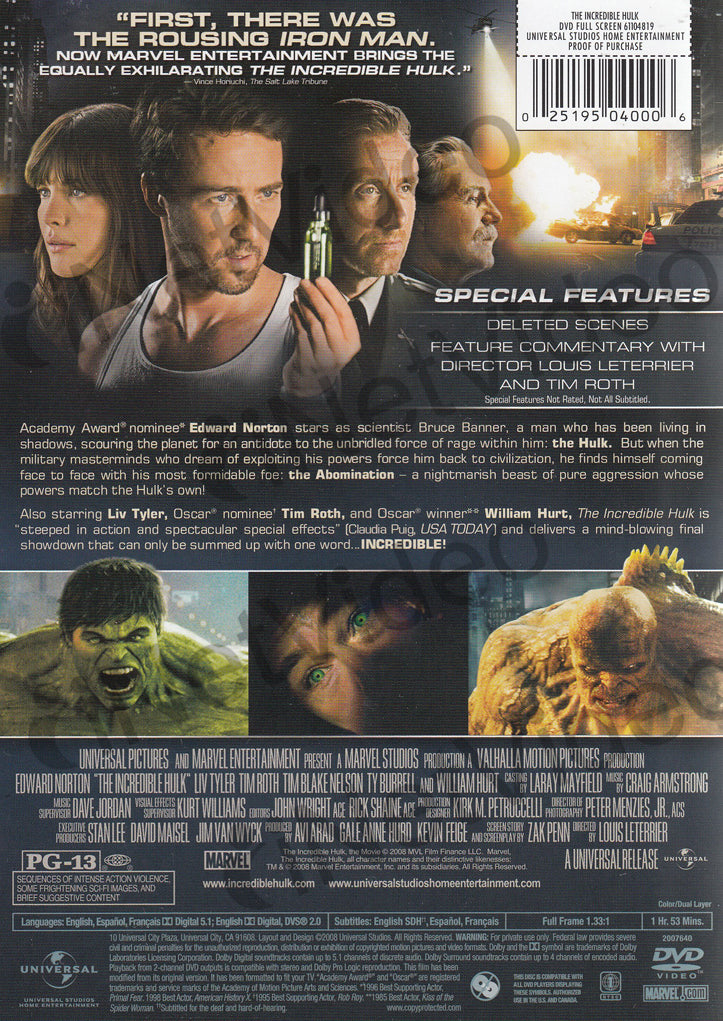 The Incredible Hulk (Full Screen Edition) on DVD Movie