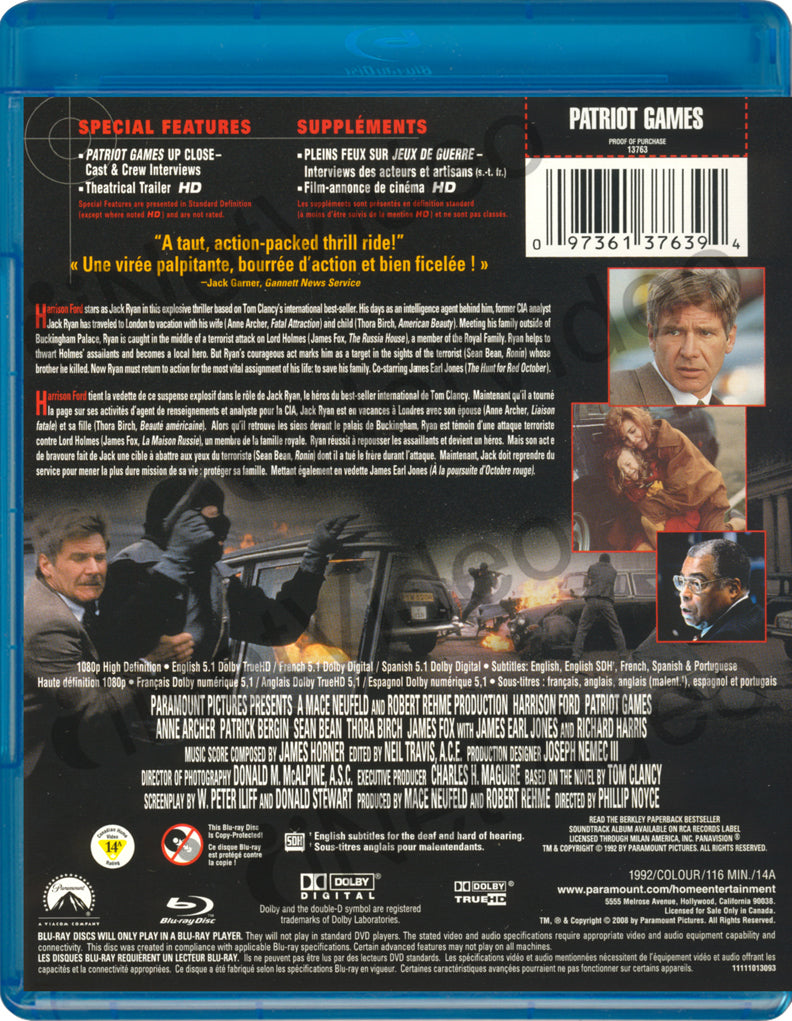 Patriot Games (Bilingual) (Bluray) on BLURAY Movie