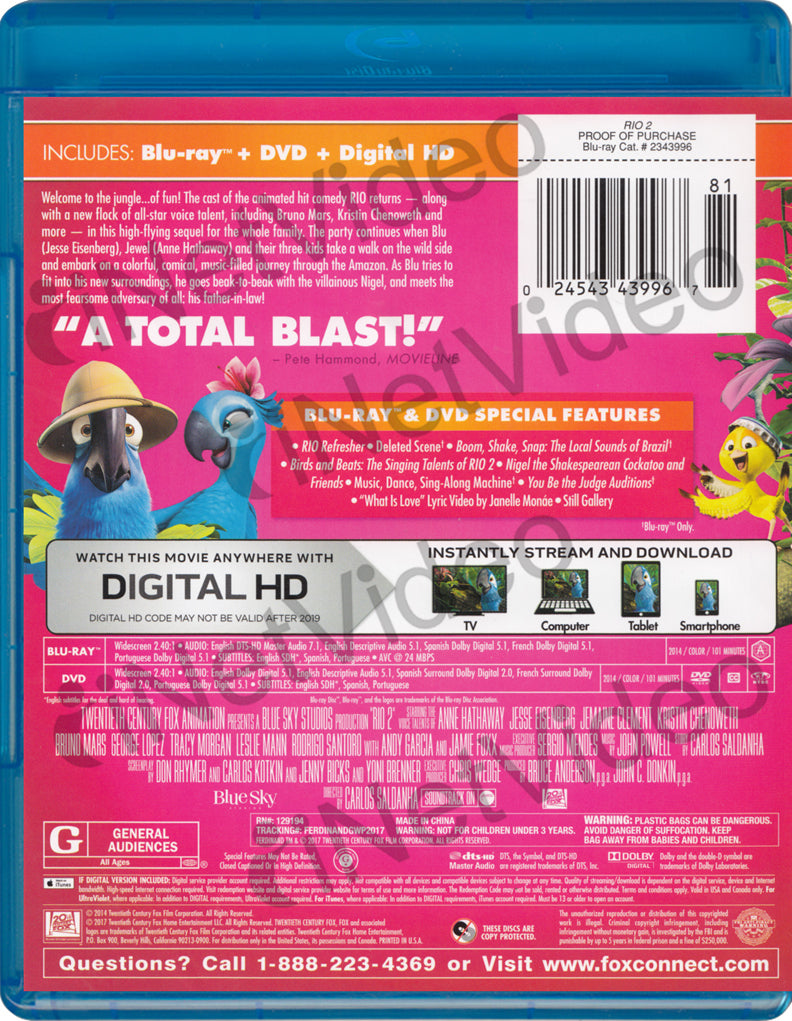 Rio 2 (Bluray + DVD + Digital HD) (Bluray) (Pink Cover) on BLURAY Movie
